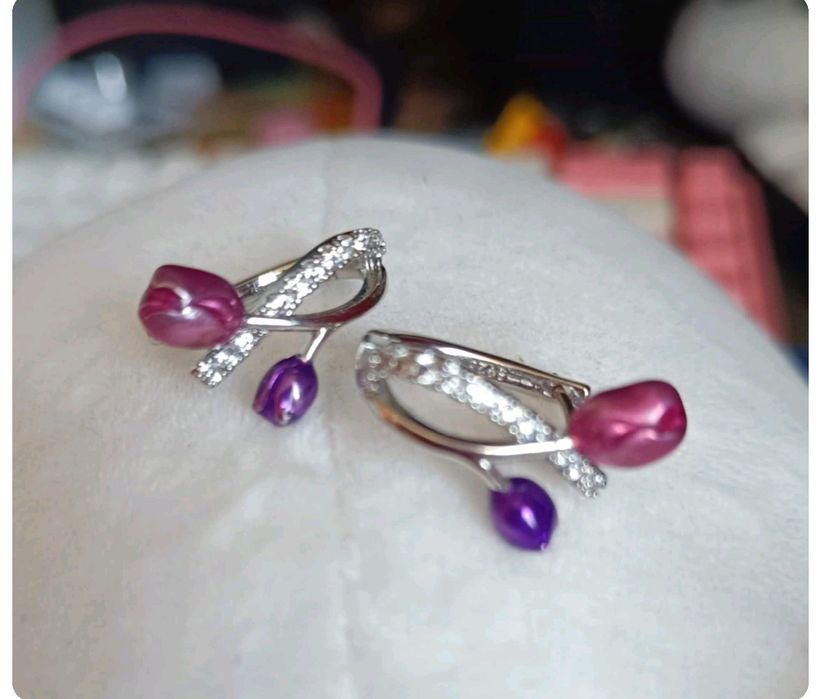 2 pary nowe kolczyki srebrne tulipany i gratis ważki piękne emaliowane