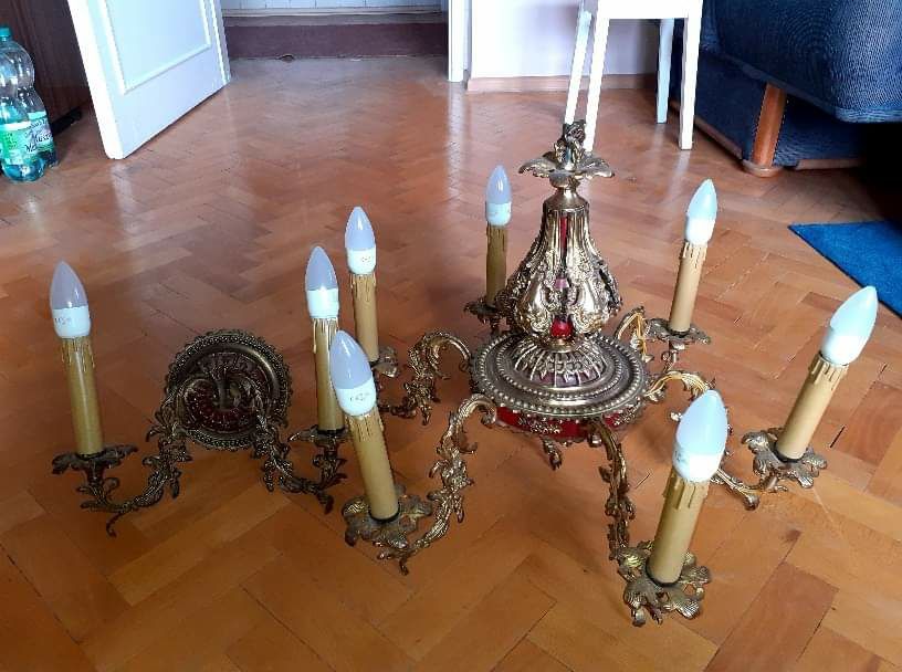 Żyrandol mosiężny czasy PRL początek lat 70plus kinkiet