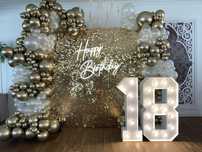 Ścianka cekinowa, led Happy Birthday i inne, wynajem