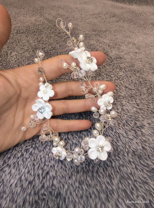 Ozdoba do włosów ślub komunia srebrna kwiaty cyrkonie