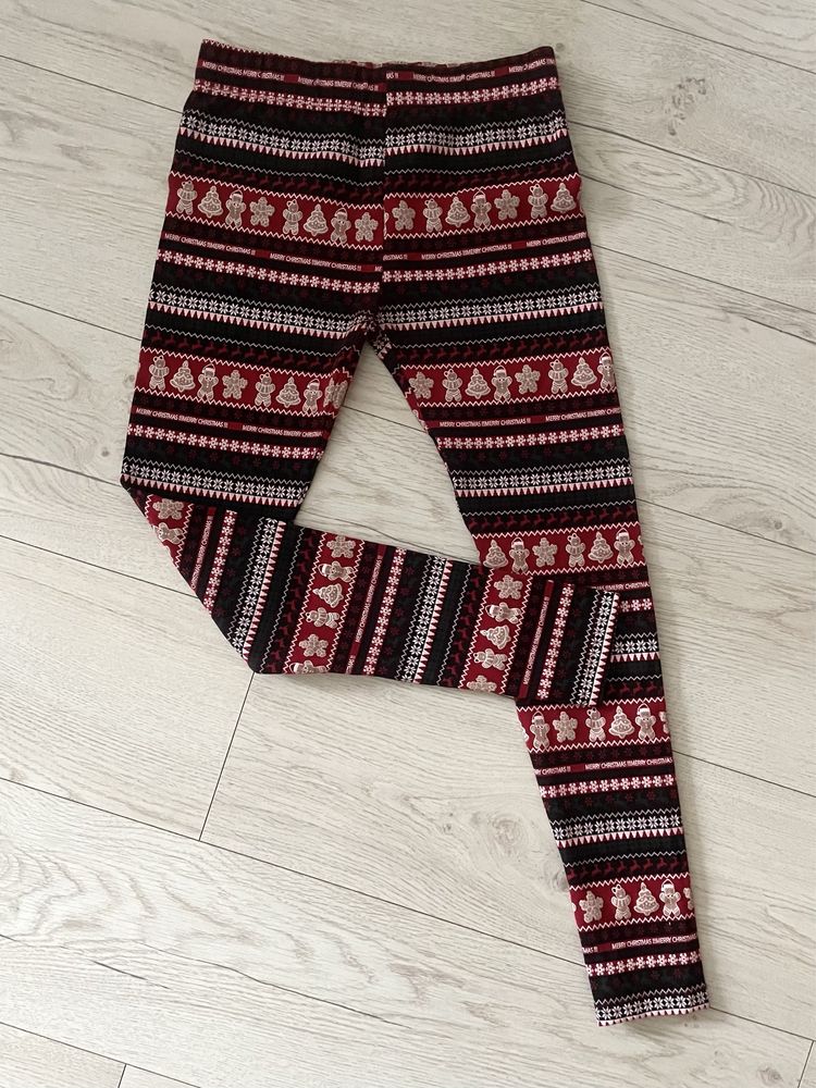 Grubsze czerwone legginsy na gumce świąteczne wzory 158 cm xs