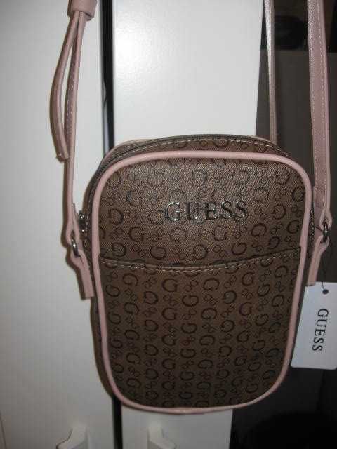 Oryginalna Damska Torebka Guess Listonoszka Logowana Brąz /Pudrowy Róż
