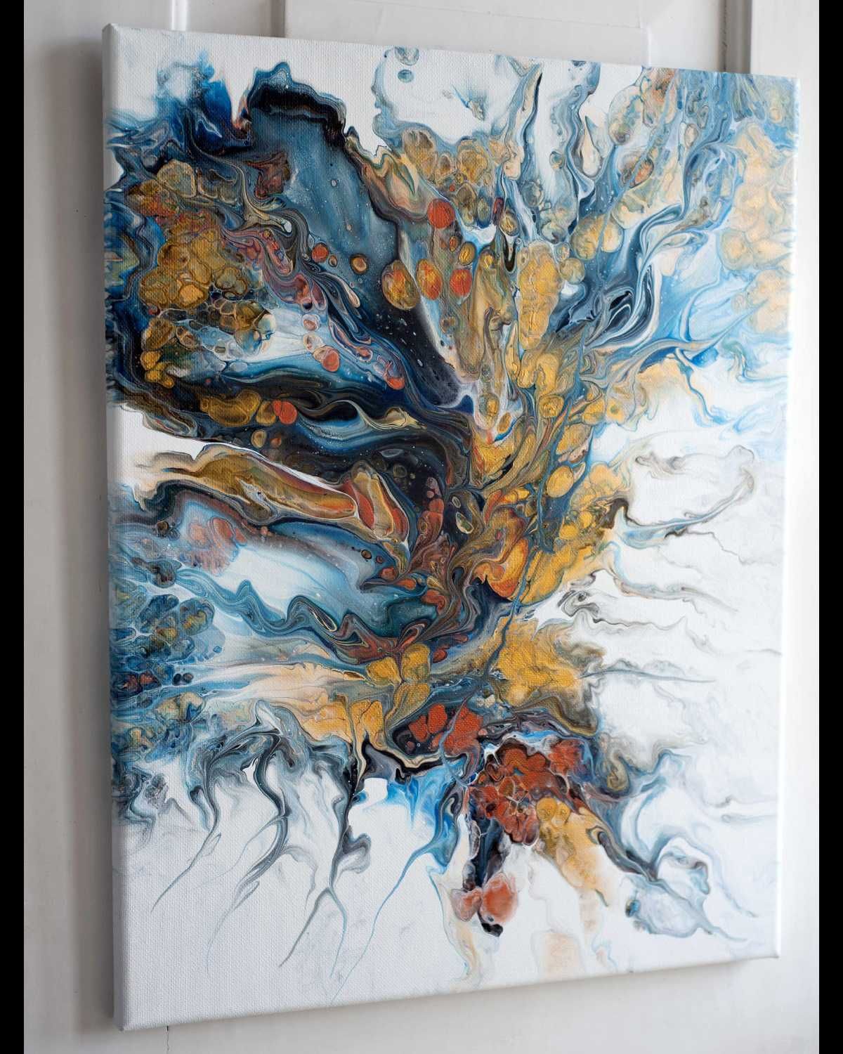 Pintura acrílica Ramo de flor com azuis e dourado, arte decorativa