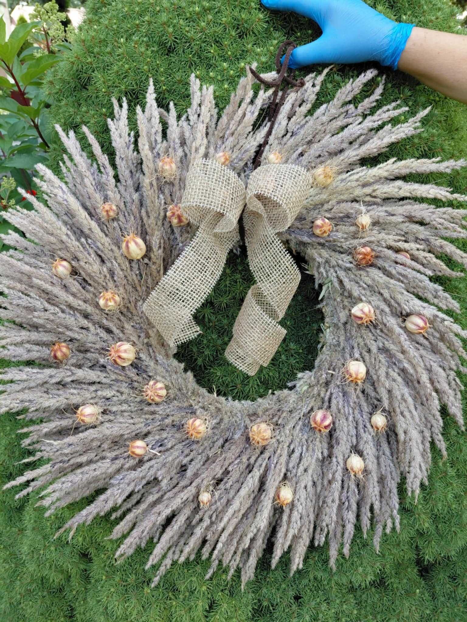 duży 60 cm BOHO wianek na drzwi, na taras, naturalny, z trawy