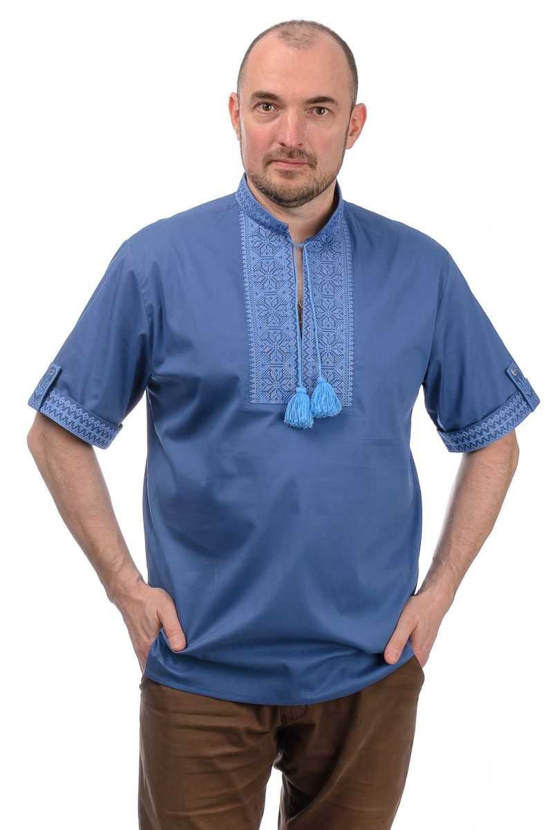 Чоловіча вишиванка з коротким рукавом (блакитна з блакитною вишивкою)
