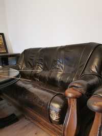 Komplet mebli skóra drewno, wypoczynek, kanapa, 2 fotele