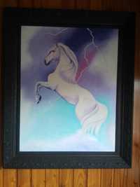 Obraz bialy koń, burza, na płótnie, drewniana rama.