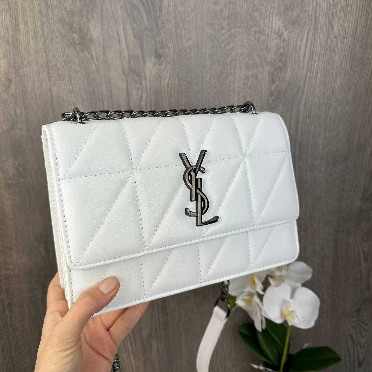 Женская мини сумочка с цепочкой сумка YSL стеганная белая черная молоч