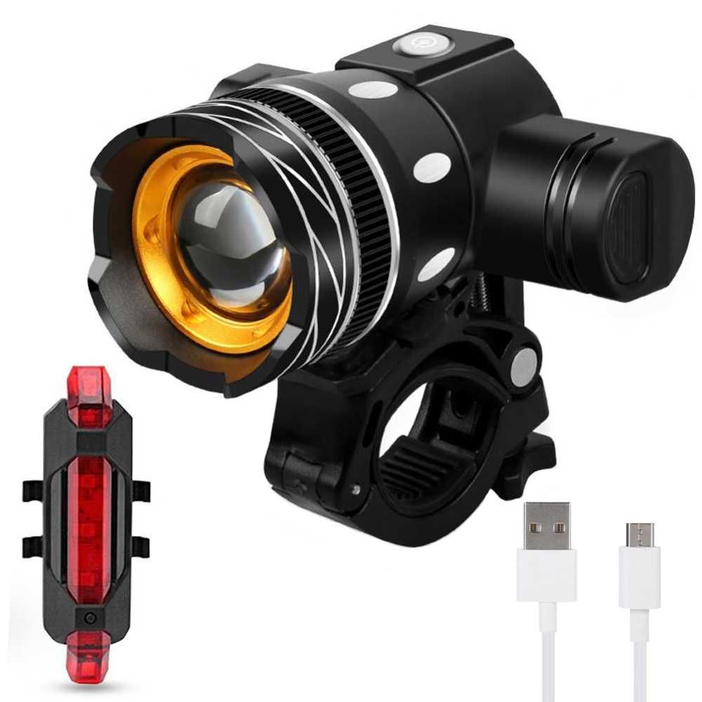 Lampka rowerowa LED T6 zestaw przód i tył Regulowany ZOOM