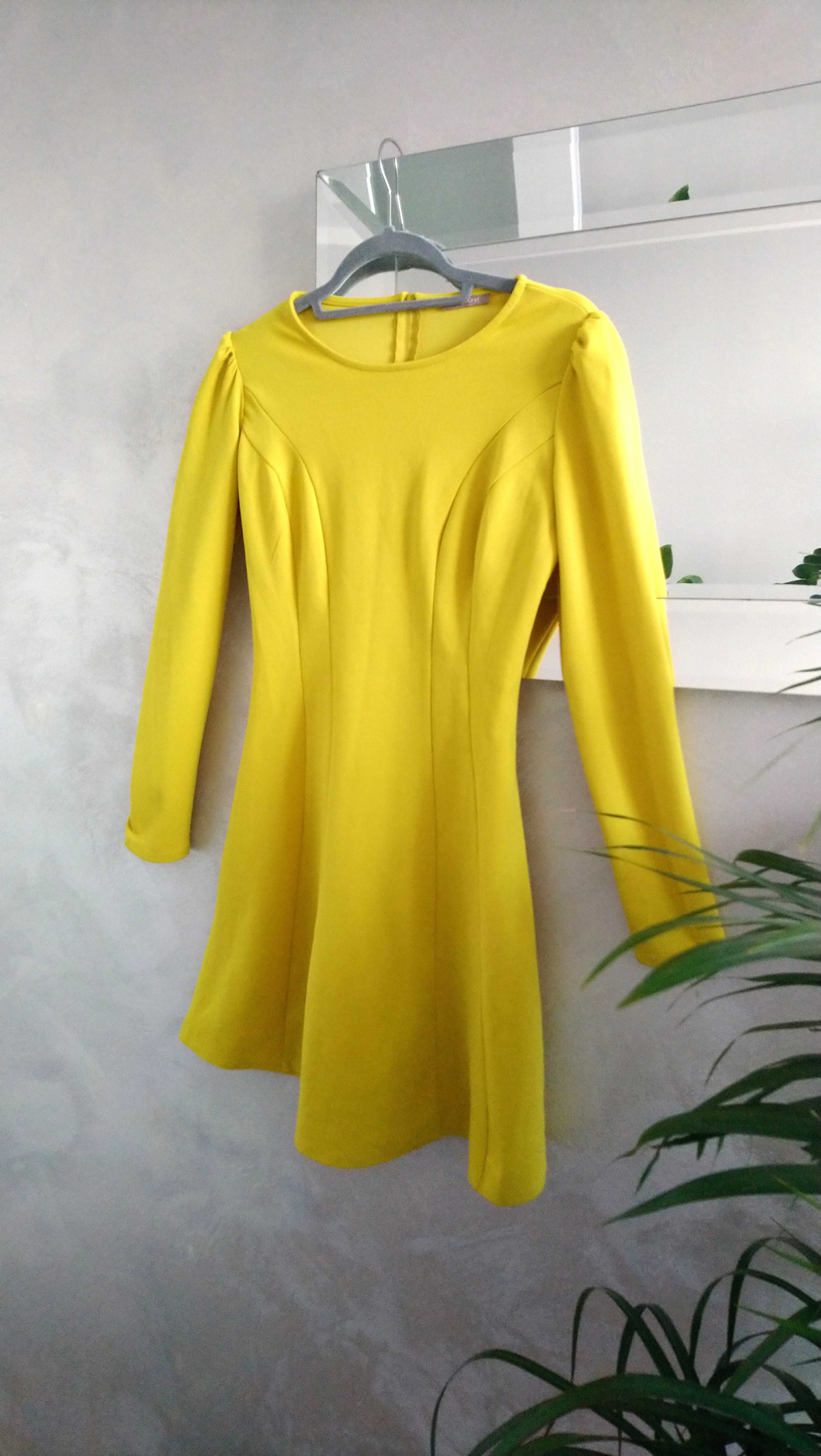 Limonkowa sukienka orsay z długim rękawem neon r. 36
