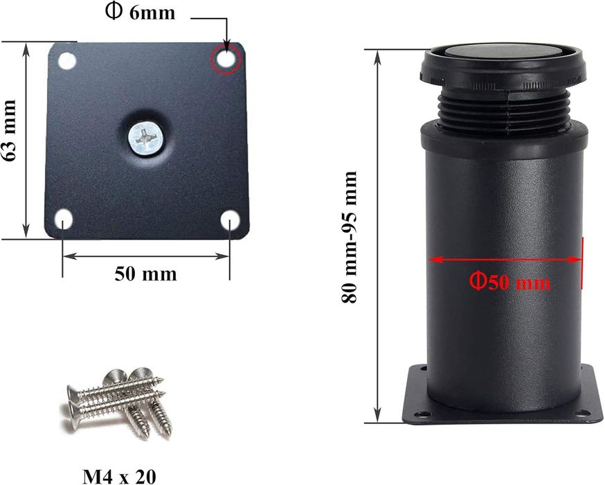 4 pés de móvel de 8cm (ajustável até 1,5 cm) preto