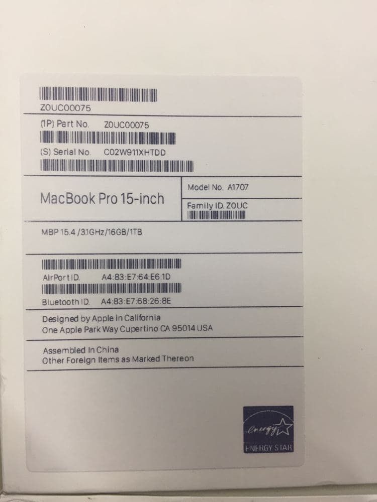 MacBook Pro 15 2017 Retina 1 TB SSD