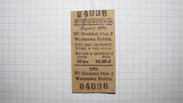 Bilet kolejowy PKP, lata 80 - te, karton
