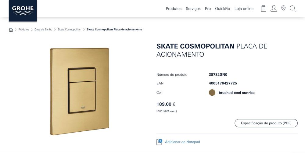 Placa de Autoclismo Grohe (NOVA, em caixa)