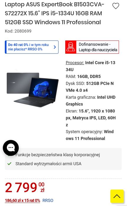 Nowy ASUS ExpertBook B1503CVA.  Sklep 3000 zł. Gratisy!!