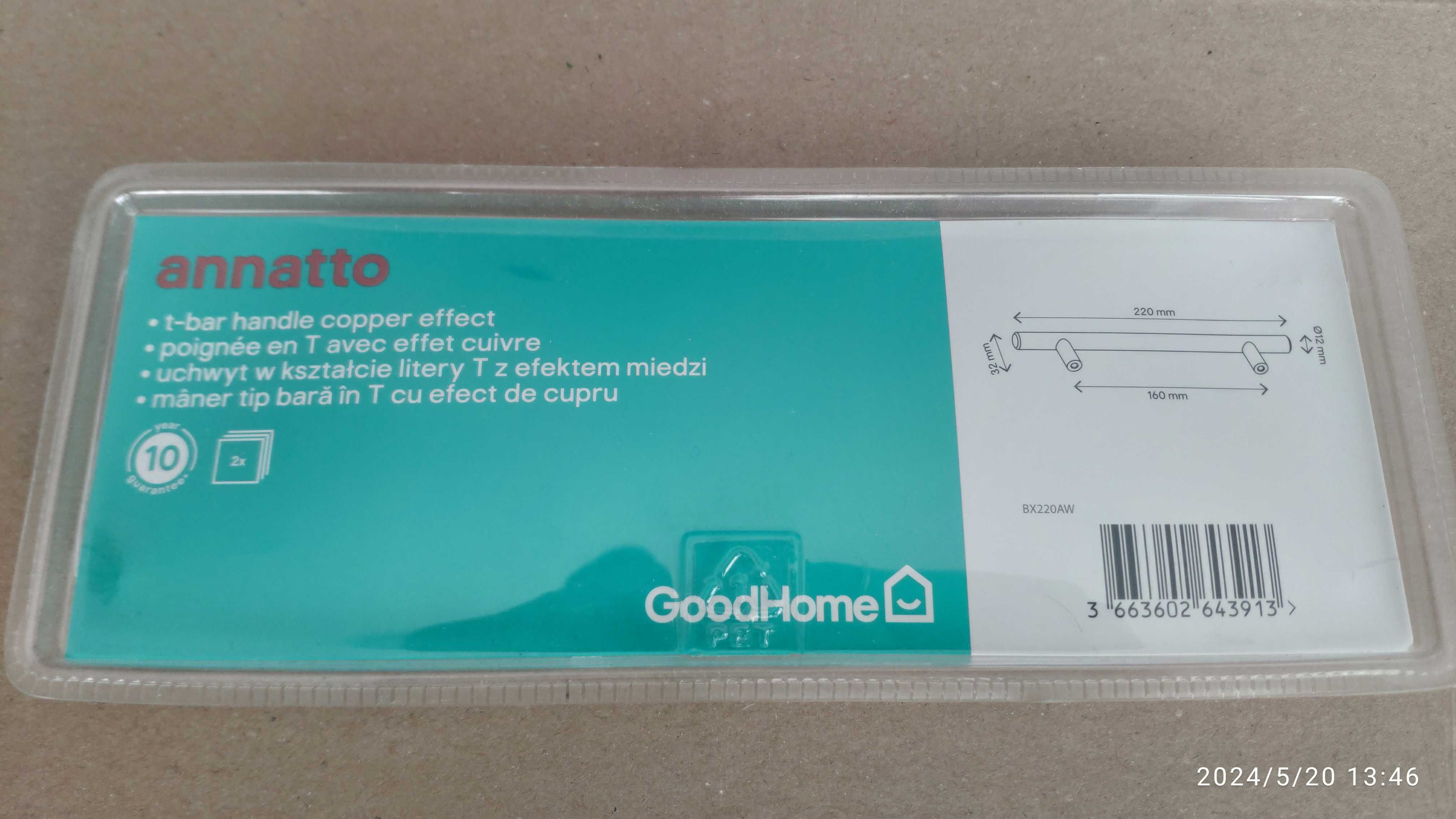 Uchwyt meblowy GoodHome Annato T 220 mm miedź
