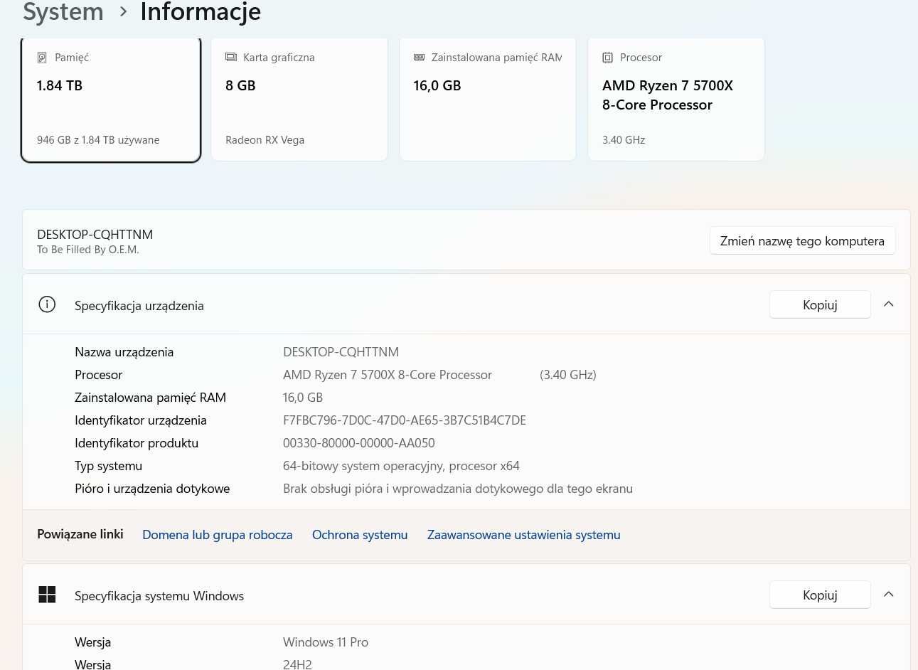 Komputer PC Ryzen 7 / Vega 56 / 16GB RAM / WiFi / Windows 11 Pro