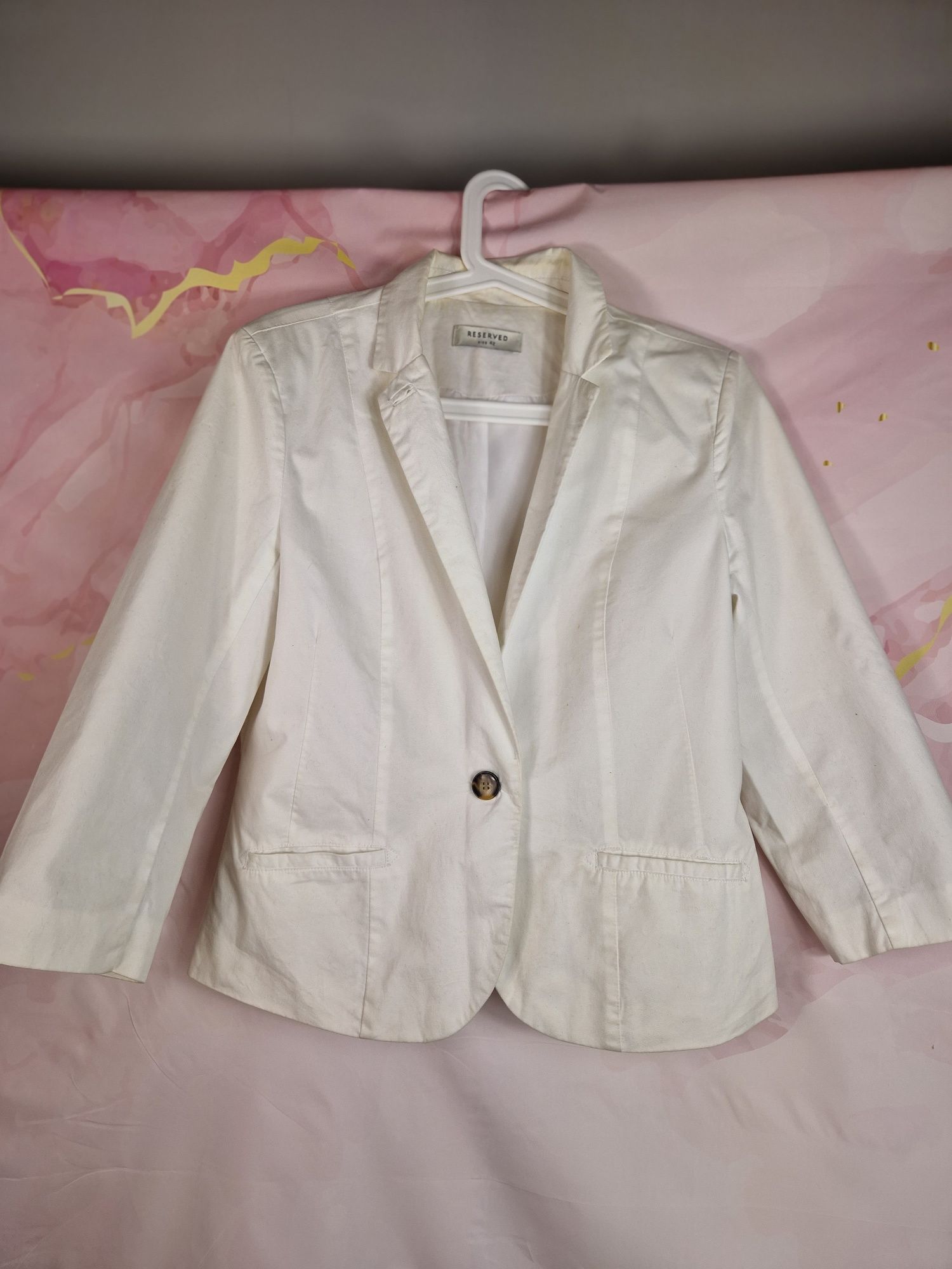 Biała marynarka żakiet rękawek 3/4 Reserved 42 XL bawełna