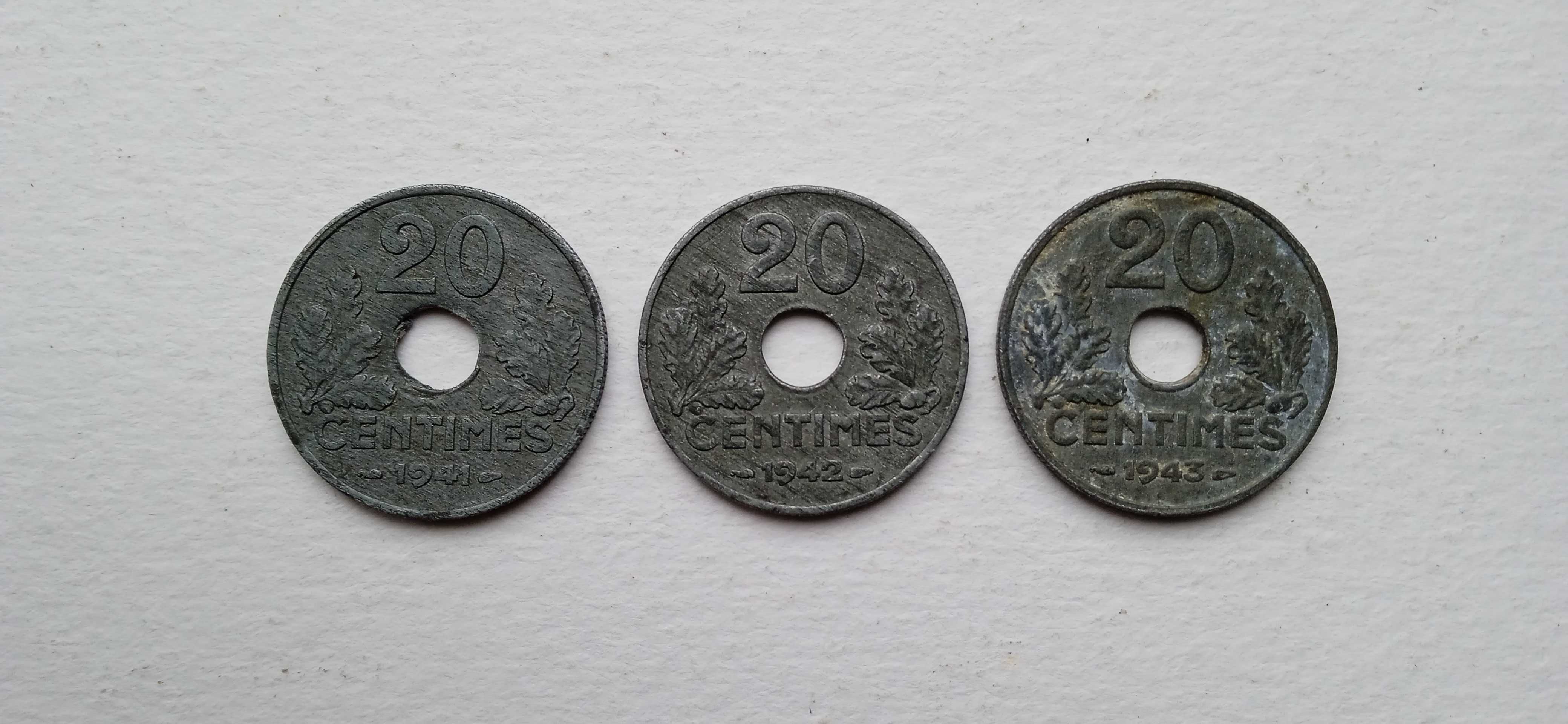 3 monety Francuskie 20 Centimes roczniki wojenne.