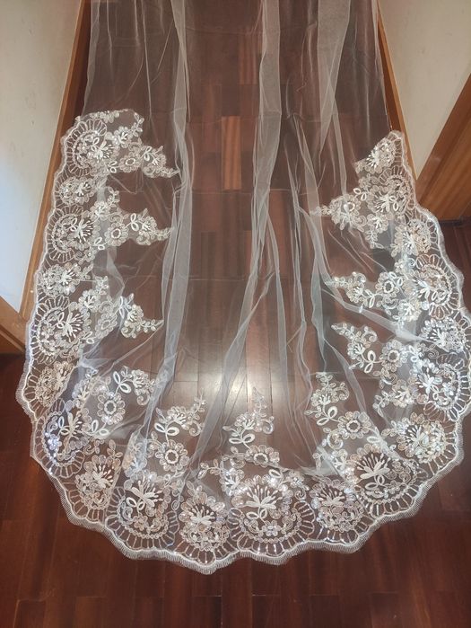 Véu Noiva Tule Renda Lantejoulas Pérola 4M