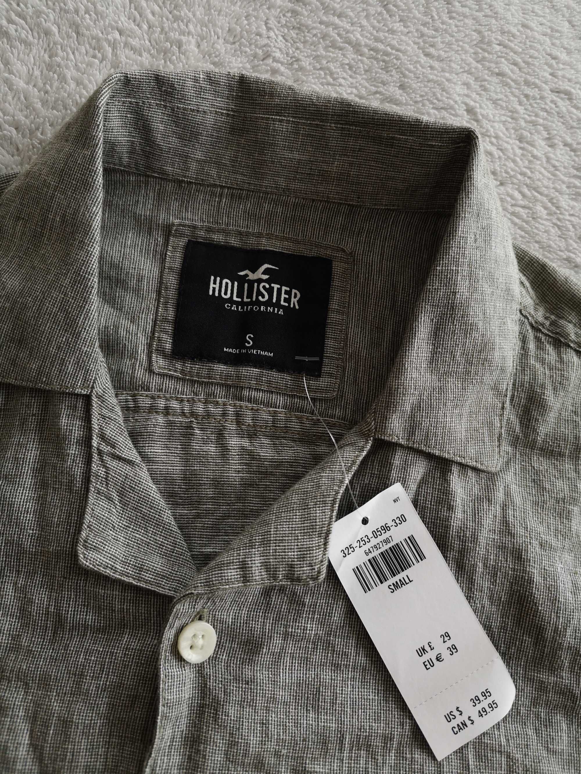 Nowa zielona elegancka lniana koszula z krótkim rękawem Hollister S