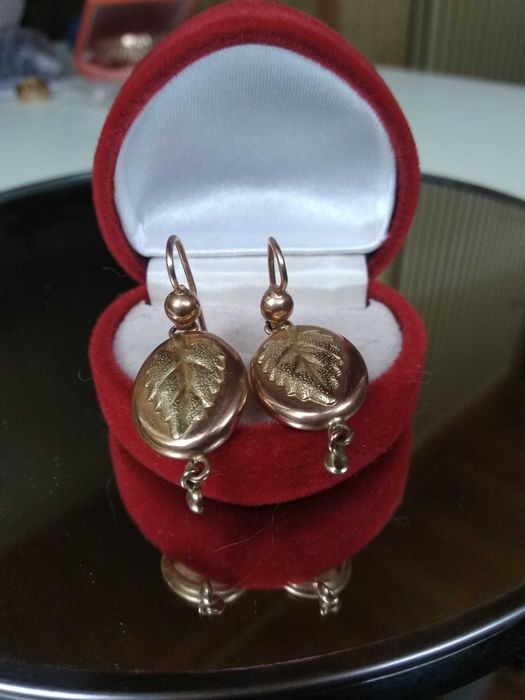 Золотые серьги самовары с лимонными листками 583 проба ссср