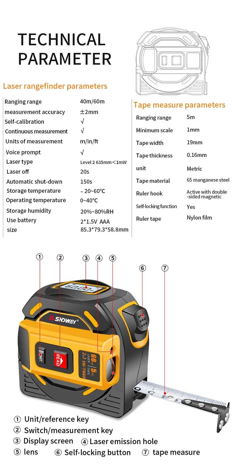 SNDWAY SW-TM60 класична + лазерна рулетка на 60м (дальномір)