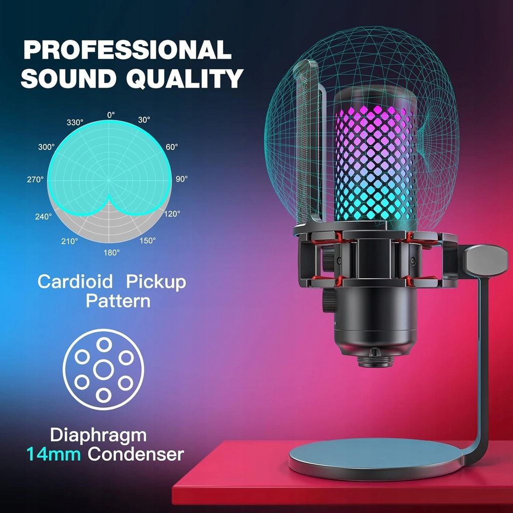 Mikrofon pojemnościowy gamingowy, RGB, ZealSound bkd-12a, Filtr pop