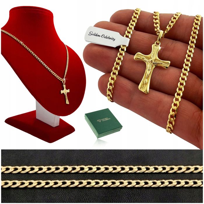 Złoty Łańcuszek Męski Pancerka Z Krzyżykiem 925/585 Na Prezent + Grawe