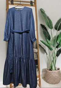 джинсовое длинное платье DeFacto с воланом и поясом р. М/L