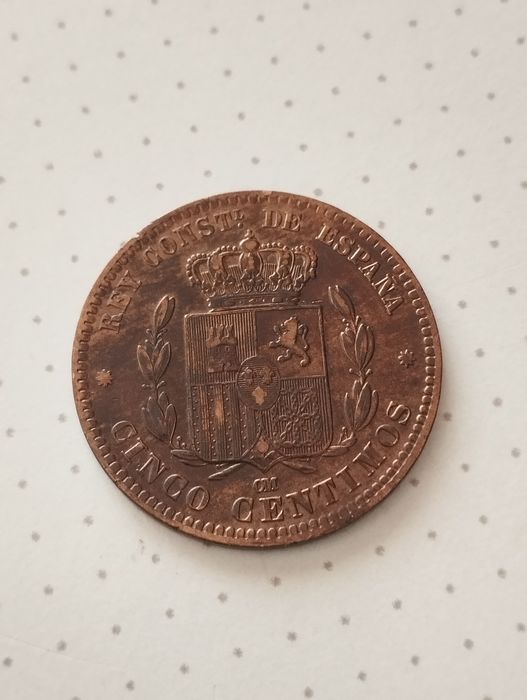 Moedas de 5 Cêntimos 1879 de Espanha em Bronze, pouco circulada.