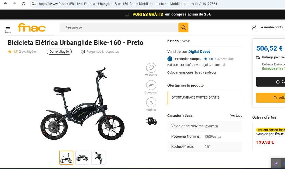 Bicicleta Elétrica Urbanglide Bike-160 - Preto