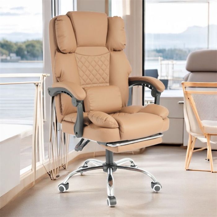 Fotel biurowy cappuccino obrotowy PRESTIGE masaż USB podnóżek ecoskóra