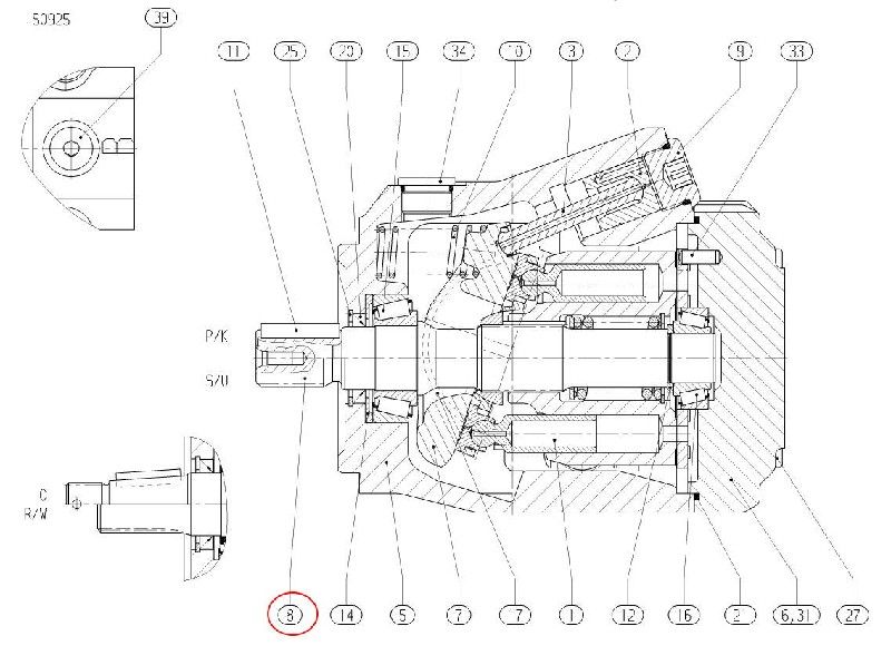 Wałek pompy ładowarki Manitou, BOSCH REXROTH Z13/Z18