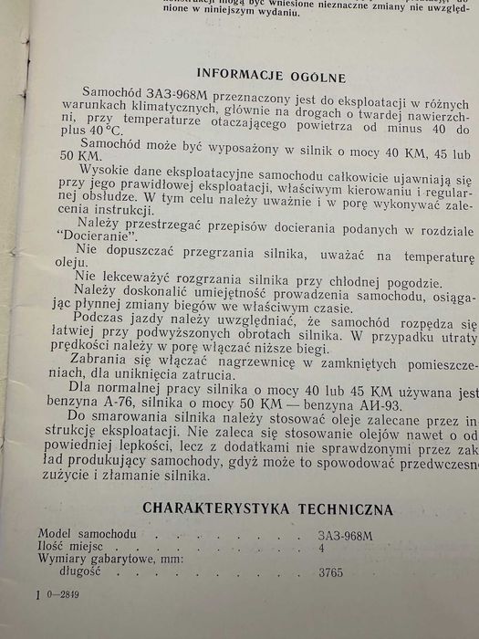 samochód ZAPOROŻEC ZAZ 968 M Instrukcja ekspolatacji