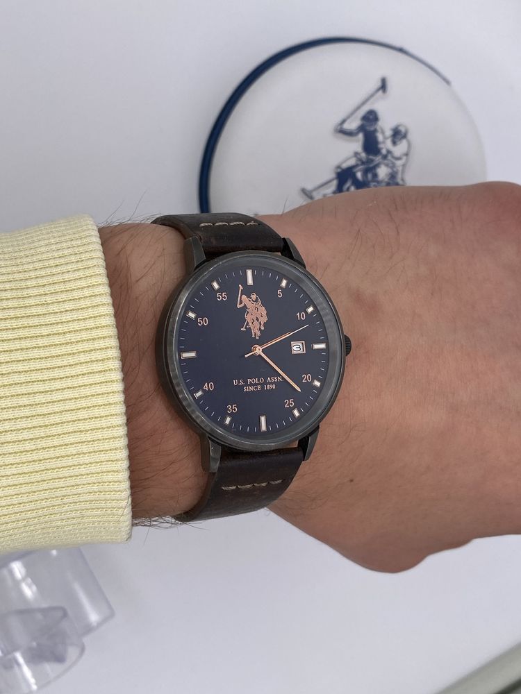Oryginalny Męski Zegarek U.S. Polo Assn Na brązowym skórzanym pasku