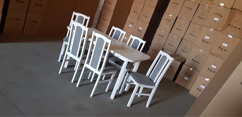 NOWE : Stół + 6 krzeseł, BIAŁY + SZARY dostawa cała PL