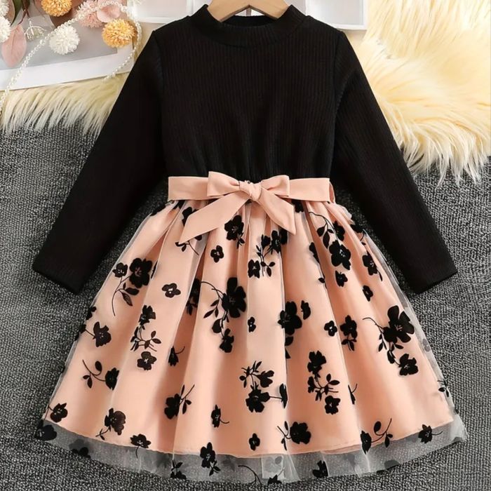 NOWA Piękna Sukienka 122 128 czarna beżowa kwiaty Wizytowa Elegancka