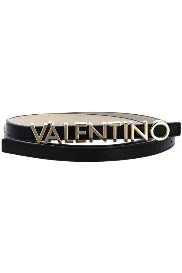 Pasek damski skórzany czarny z logowaną klamrą Valentino