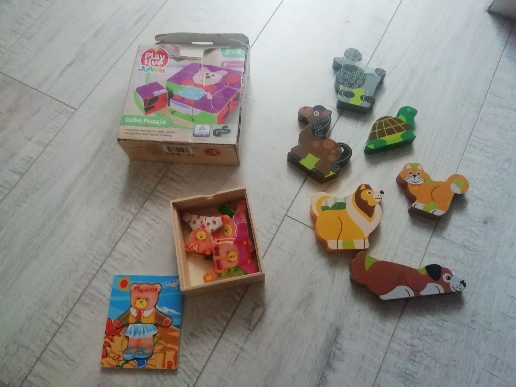 Zabawki drewniane, klocki, ukladanki