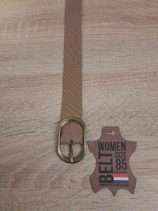 Nowy skórzany pasek z Holandii, Fancy Style beżowy_wzór/ 85_kl mosiądz