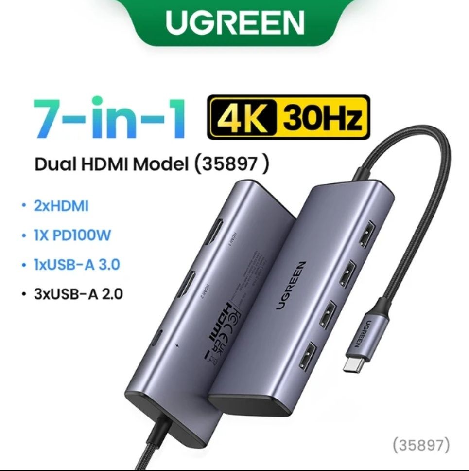 Новый 7 в 1 Ugreen 2хHDMI хаб концентратор переходник USB HUB