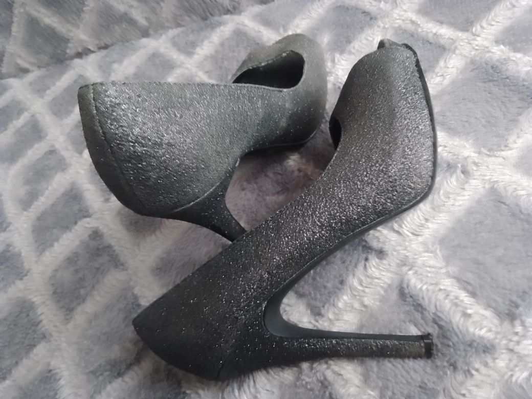 Czarne brokatowe szpilki, z wycięciem na palcu r. 36 wysokość 11cm