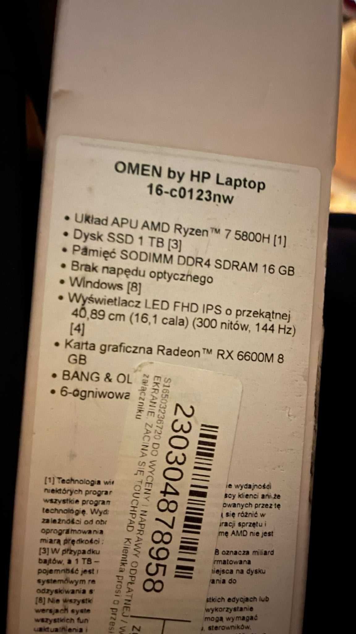 Laptop HP OMEN gamingowy 16" model: 16-c0123nw