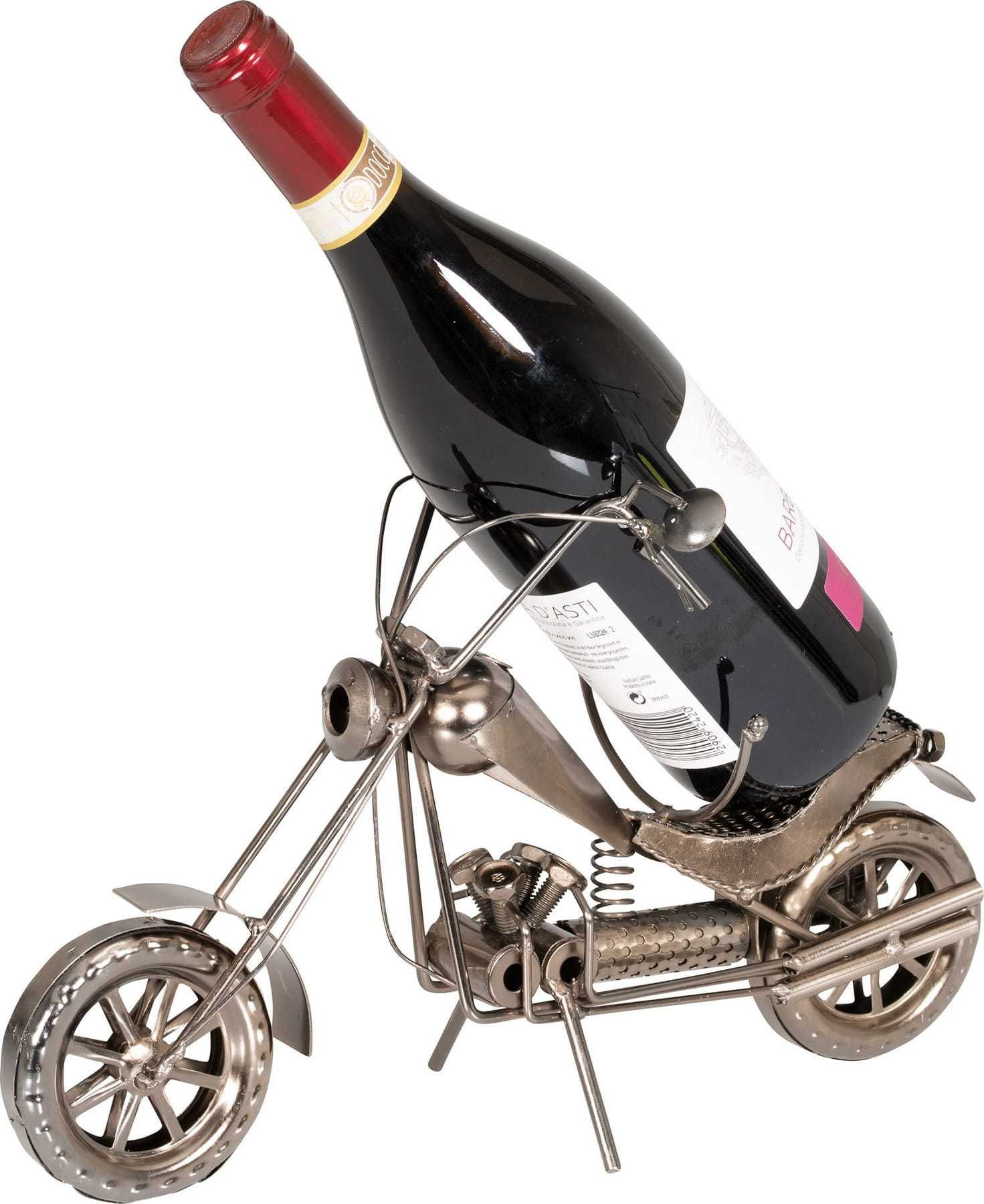 Metalowy stojak na wino przedstawiający motocykl