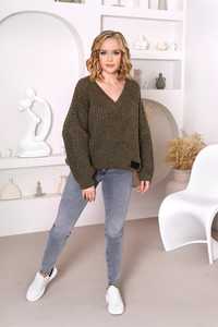 Sweter damski oversize V khaki nowość