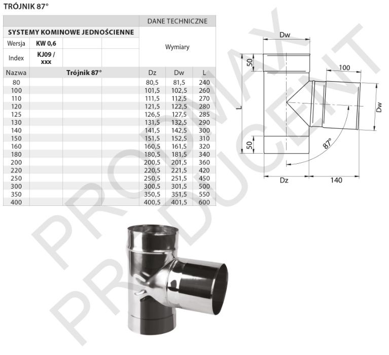 OKAZJA!!! TRÓJNIK 90 Wkład Kominowy FI 150 Kwasoodporna PRODUCENT