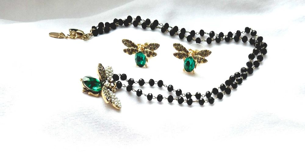 Kolczyki naszyjnik zielone by Dziubeka kolekcja Midnight Forest