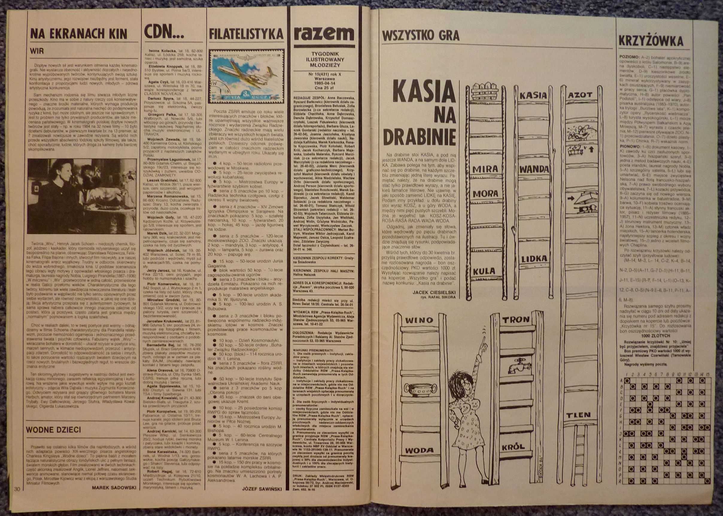 RAZEM tygodnik nr 15/1985 - plakat - KLUB TRÓJKI