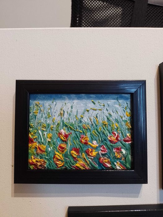 Obrazy olejne w miniaturze w ramkach 12 x 9cm. 3 szt.